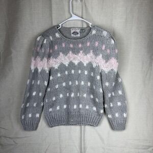 Vintage Helium Sweater Womens Medium Gray Fair Isle Hand Knit Acrylic Pullover